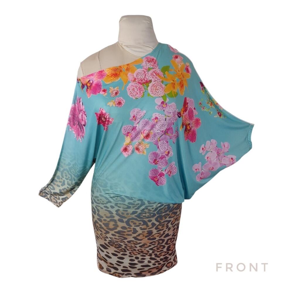 BOHO CHIC Colorful Knit Top Mini Dress Floral Animal Print Sz S Drapey Stretchy